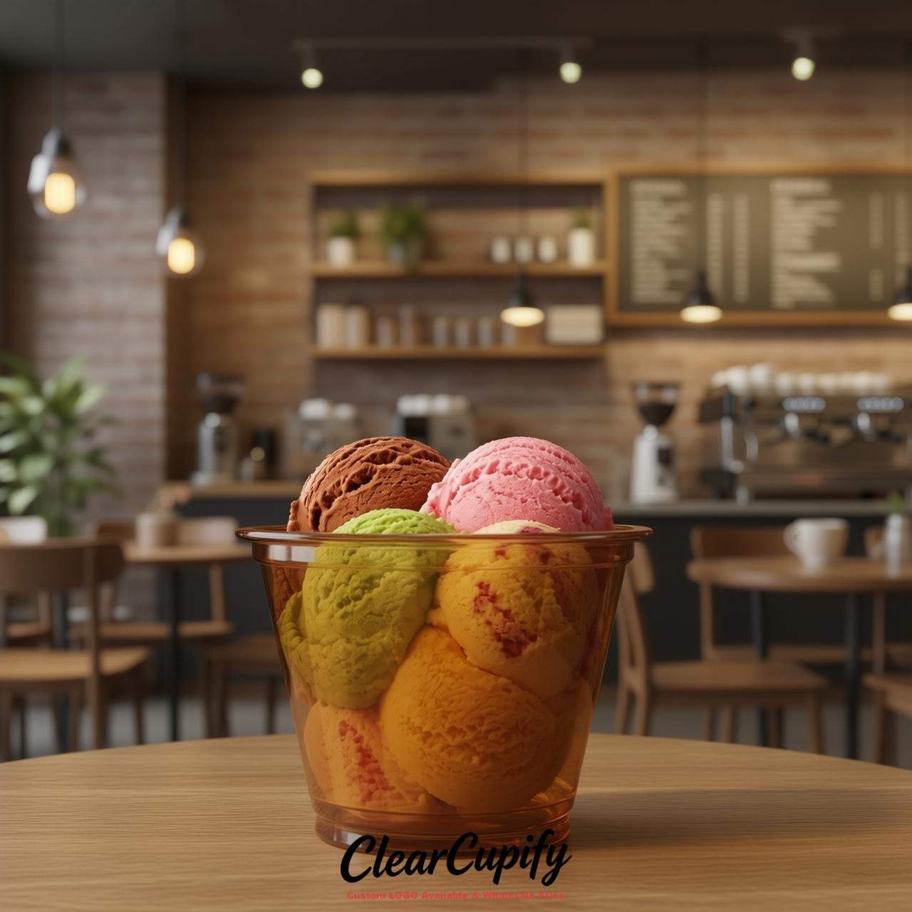 Amber Clear Plastic Ice Cream Cups Wholesale with Custom Logo