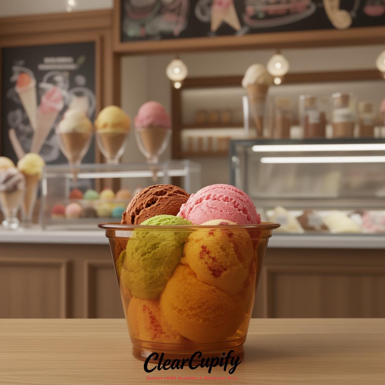 Amber Clear Plastic Ice Cream Cups Wholesale with Custom Logo