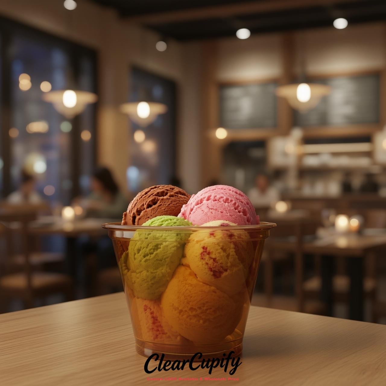 Amber Clear Plastic Ice Cream Cups Wholesale with Custom Logo