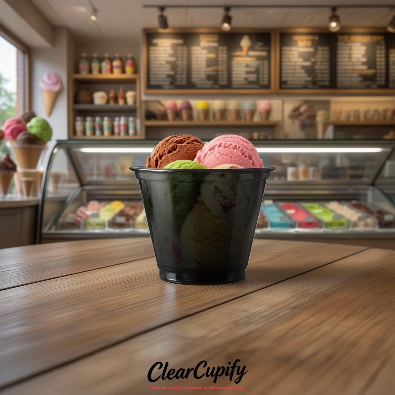 Black Clear Plastic Ice Cream Cups Wholesale with Custom Logo