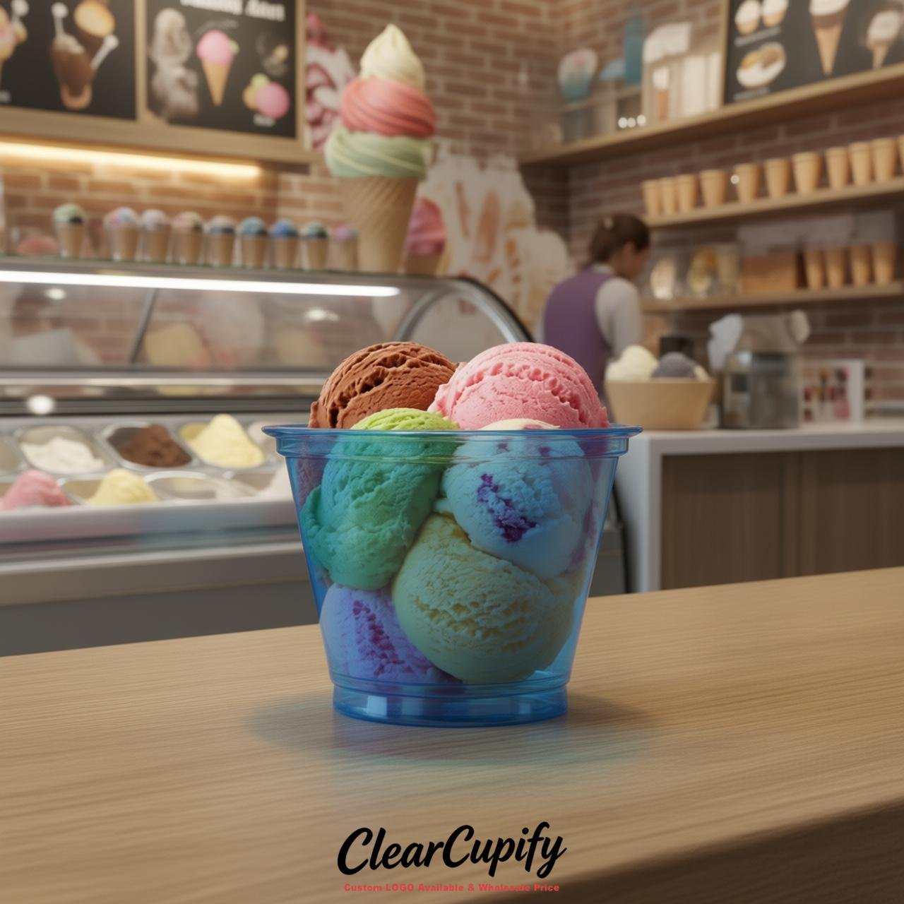 Blue Clear Plastic Ice Cream Cups Wholesale with Custom Logo