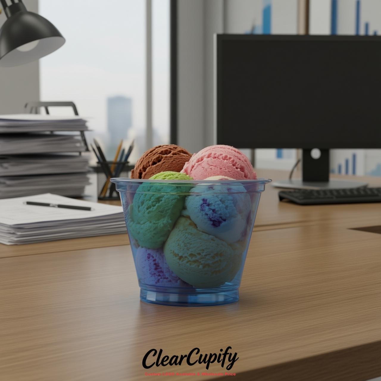 Blue Clear Plastic Ice Cream Cups Wholesale with Custom Logo