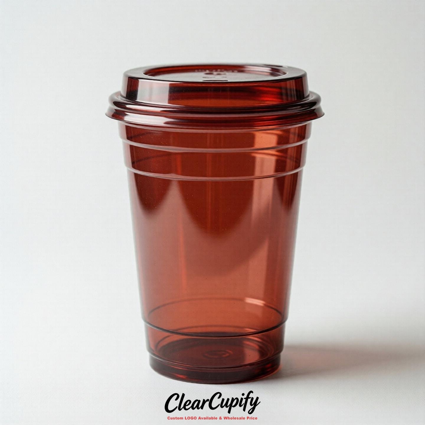 Blank Translucent Brick Red Clear Plastic Cups with Lids - Choice of PET/PP/PLA