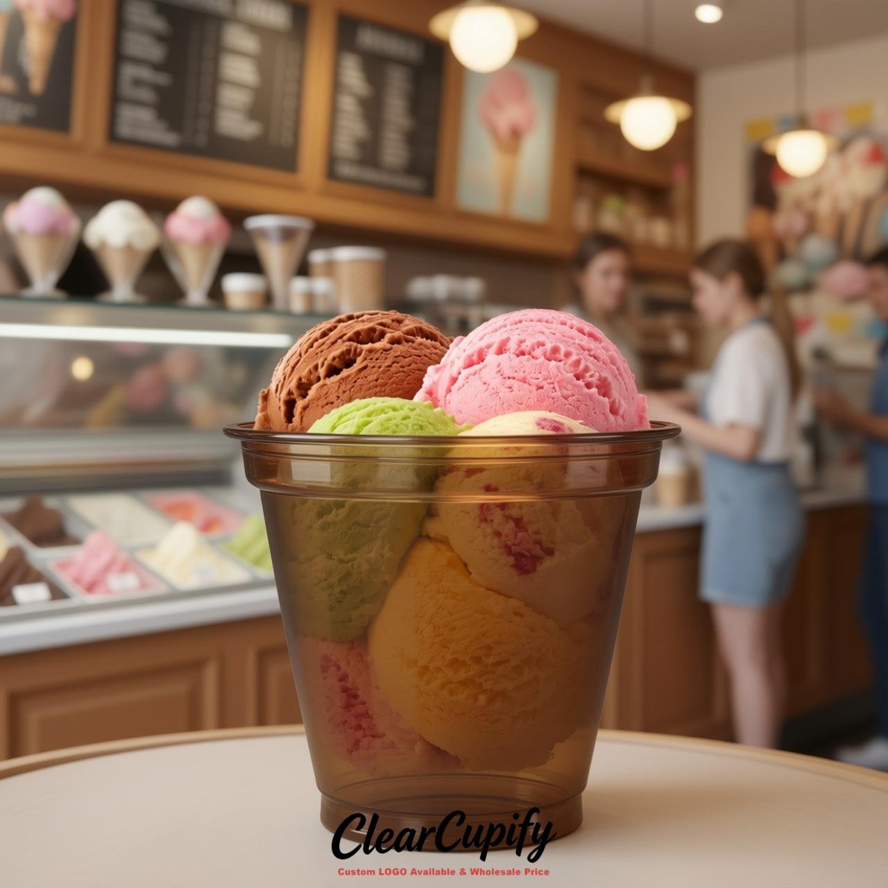 Brown Clear Plastic Ice Cream Cups Wholesale with Custom Logo