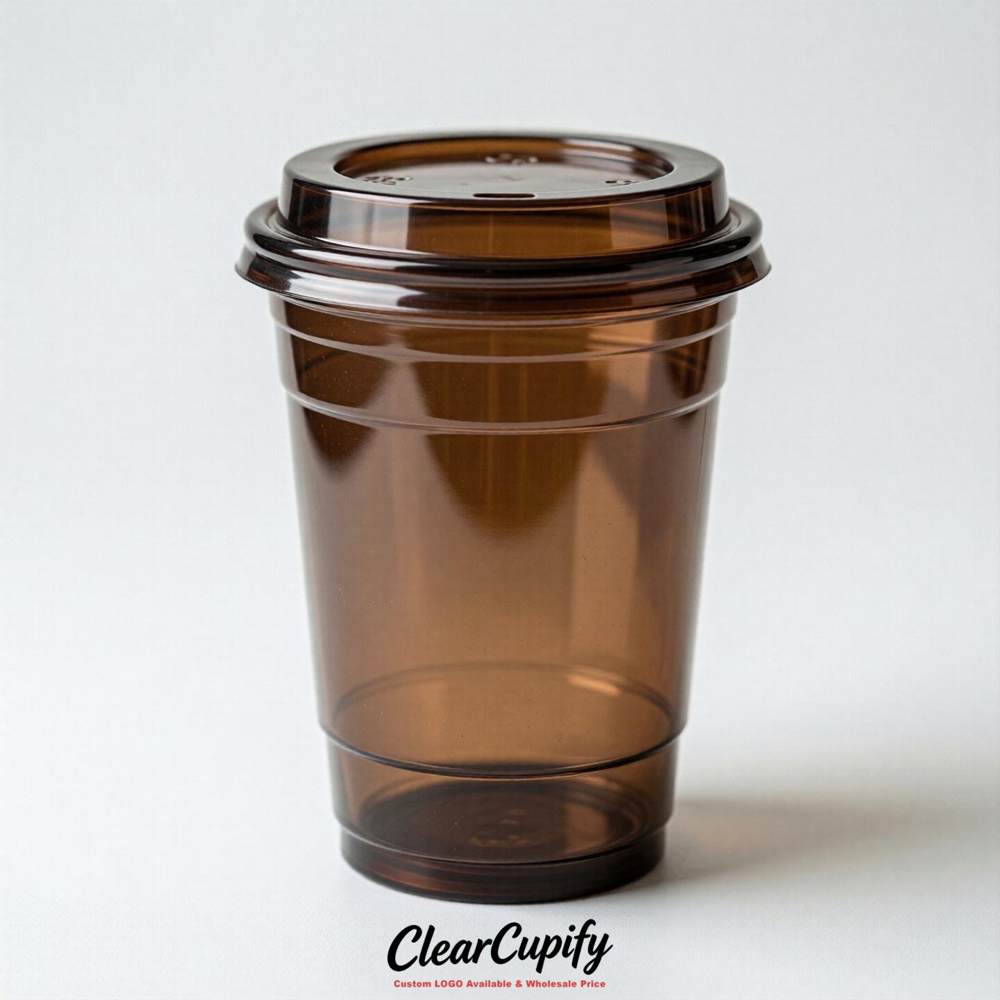 Blank Translucent Brown Clear Plastic Cups with Lids - Choice of PET/PP/PLA