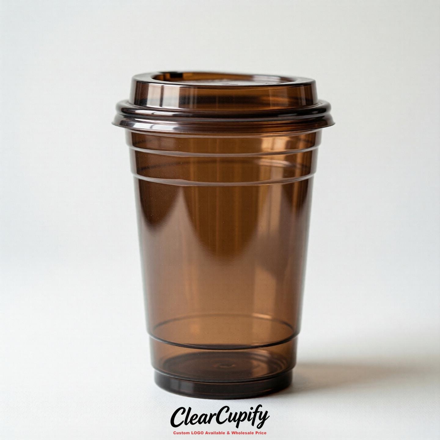 Blank Translucent Brown Clear Plastic Cups with Lids - Choice of PET/PP/PLA