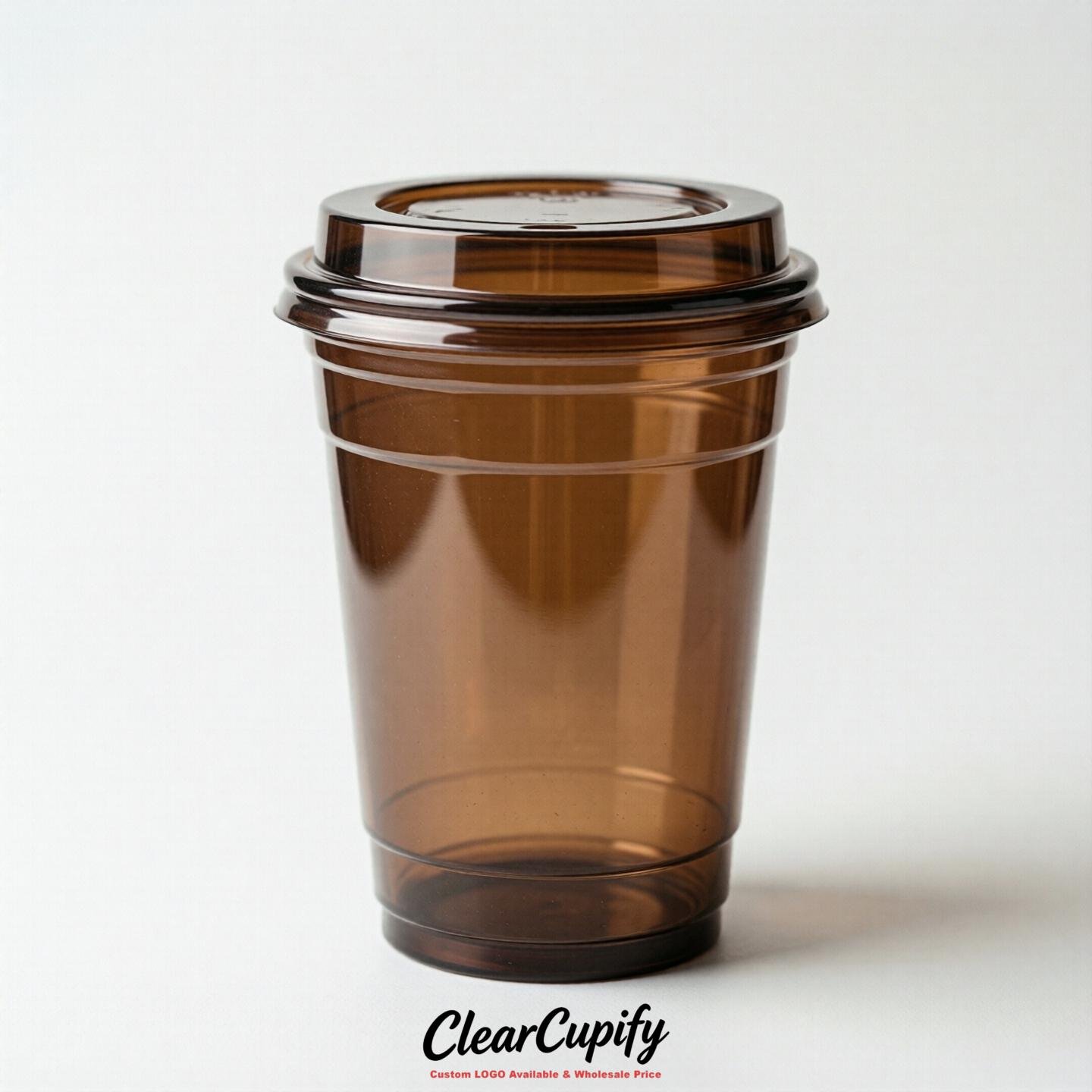 Blank Translucent Brown Clear Plastic Cups with Lids - Choice of PET/PP/PLA