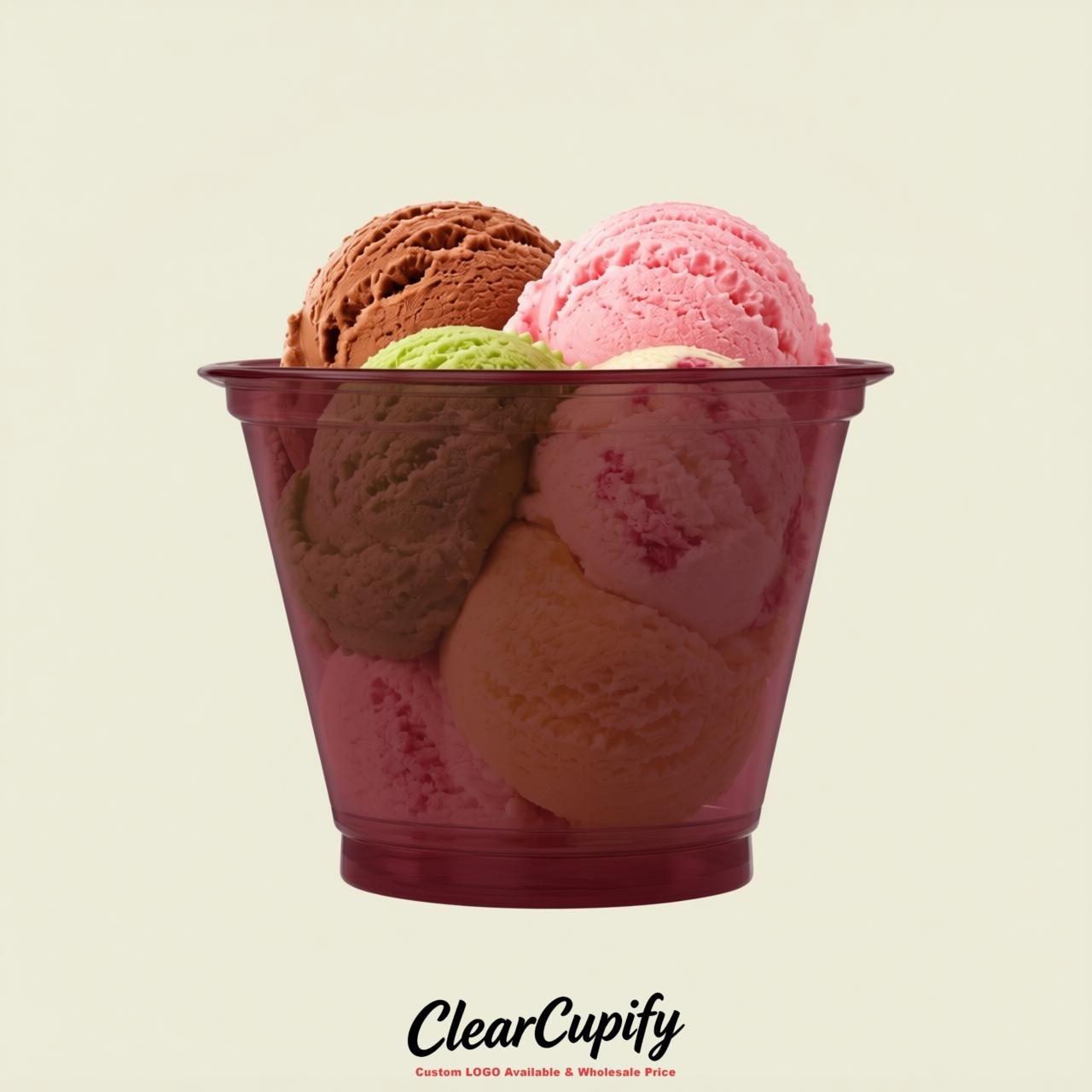 Burgundy Clear Plastic Ice Cream Cups Wholesale with Custom Logo
