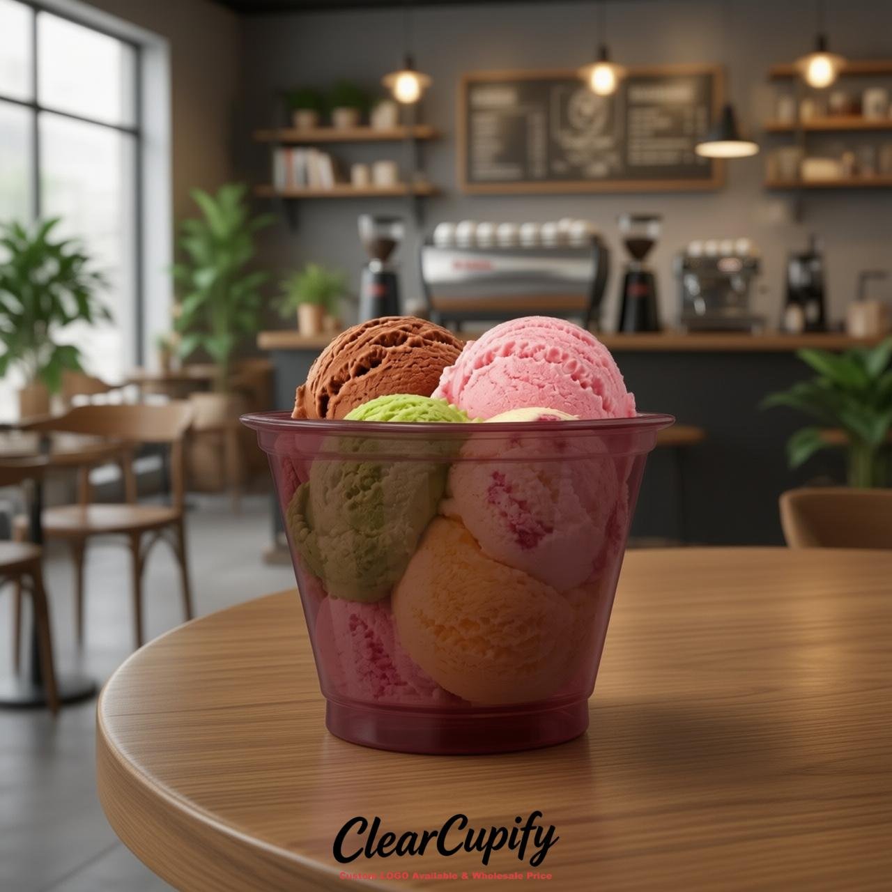 Burgundy Clear Plastic Ice Cream Cups Wholesale with Custom Logo