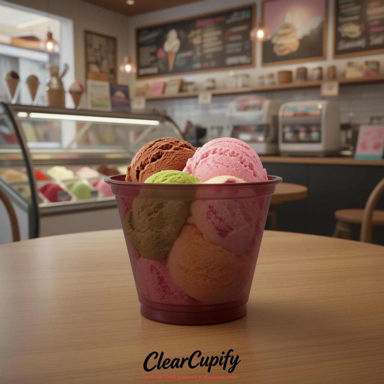 Burgundy Clear Plastic Ice Cream Cups Wholesale with Custom Logo