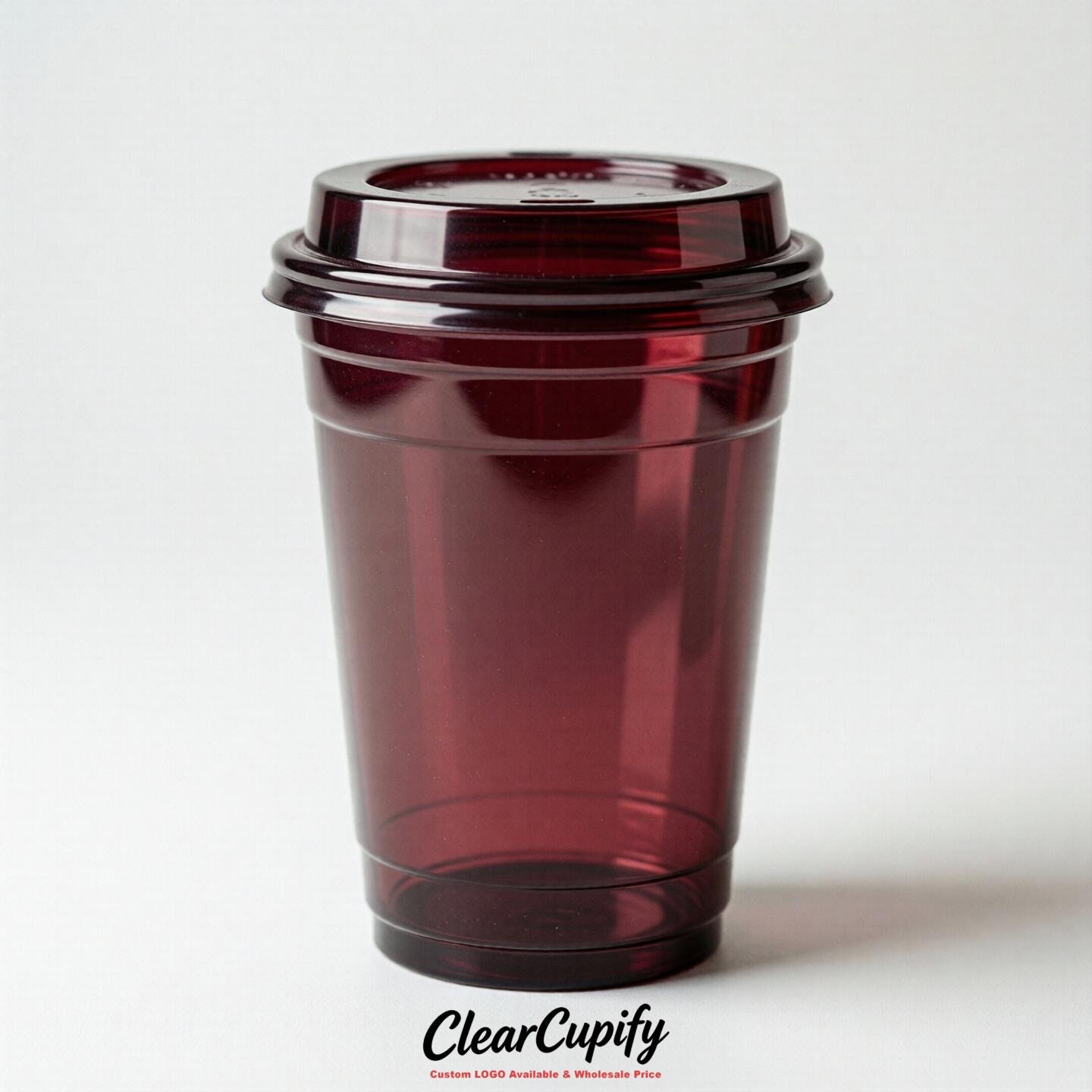 Blank Translucent Burgundy Clear Plastic Cups with Lids - Choice of PET/PP/PLA