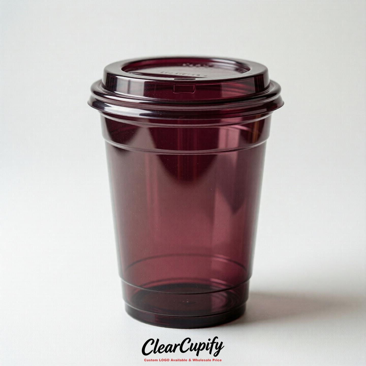 Blank Translucent Burgundy Clear Plastic Cups with Lids - Choice of PET/PP/PLA