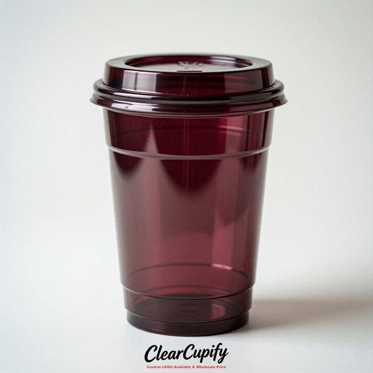 Blank Translucent Burgundy Clear Plastic Cups with Lids - Choice of PET/PP/PLA