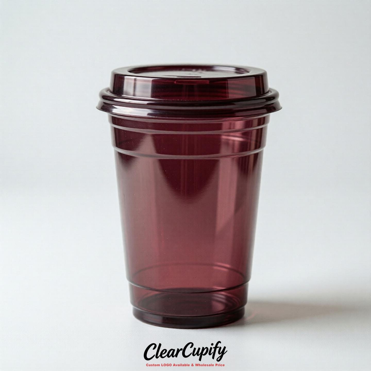 Blank Translucent Burgundy Clear Plastic Cups with Lids - Choice of PET/PP/PLA