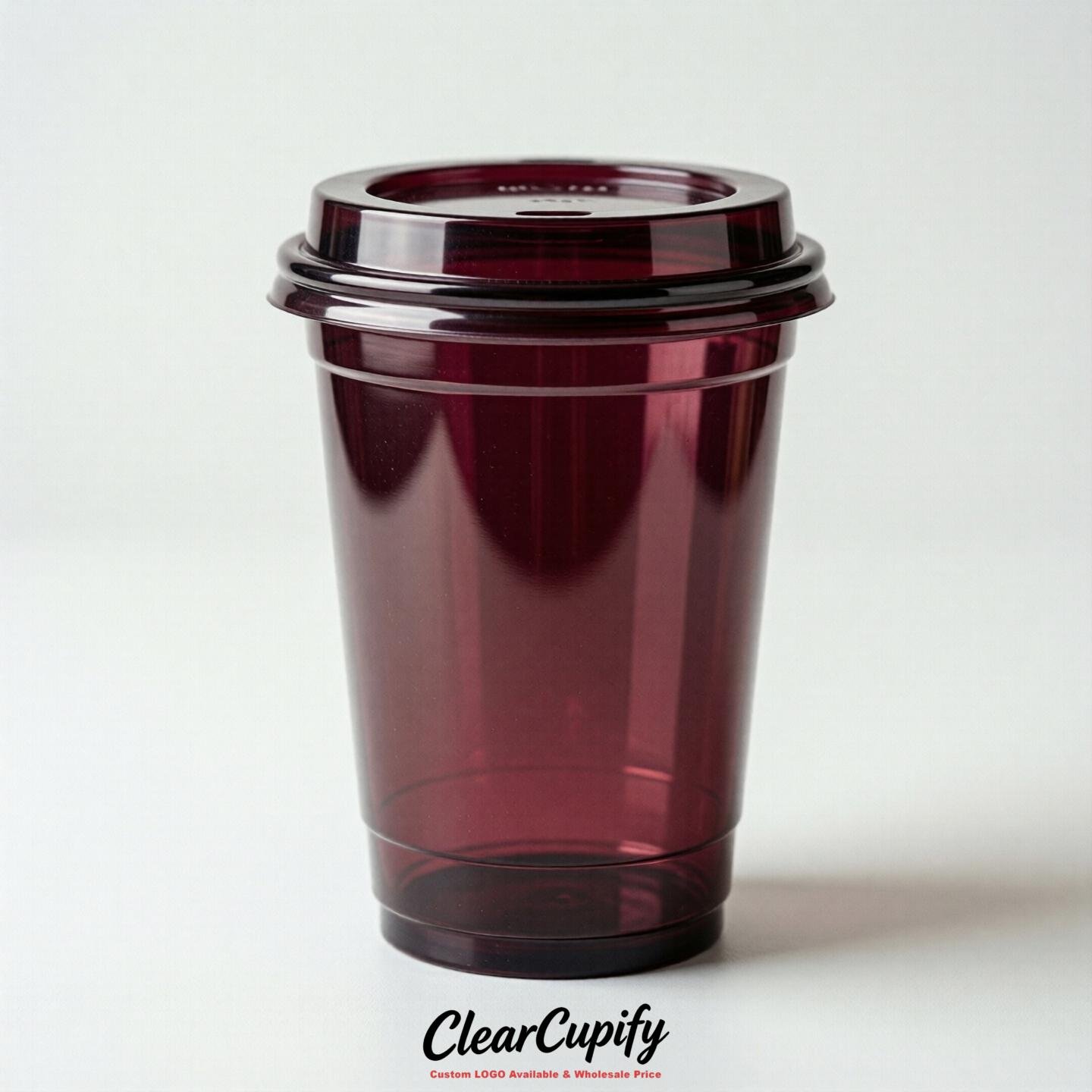 Blank Translucent Burgundy Clear Plastic Cups with Lids - Choice of PET/PP/PLA