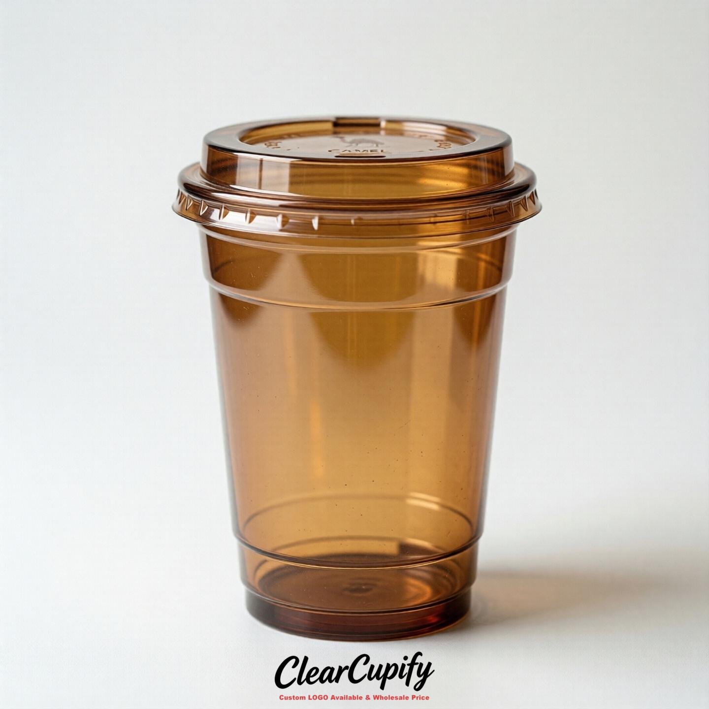 Blank Translucent Camel Clear Plastic Cups with Lids - Choice of PET/PP/PLA
