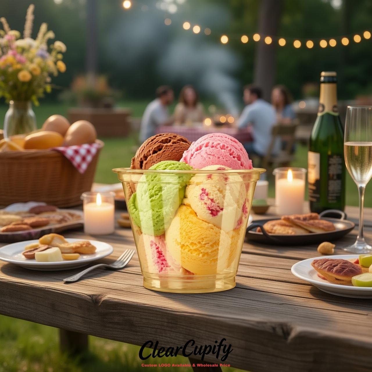 Champagne Clear Plastic Ice Cream Cups Wholesale with Custom Logo
