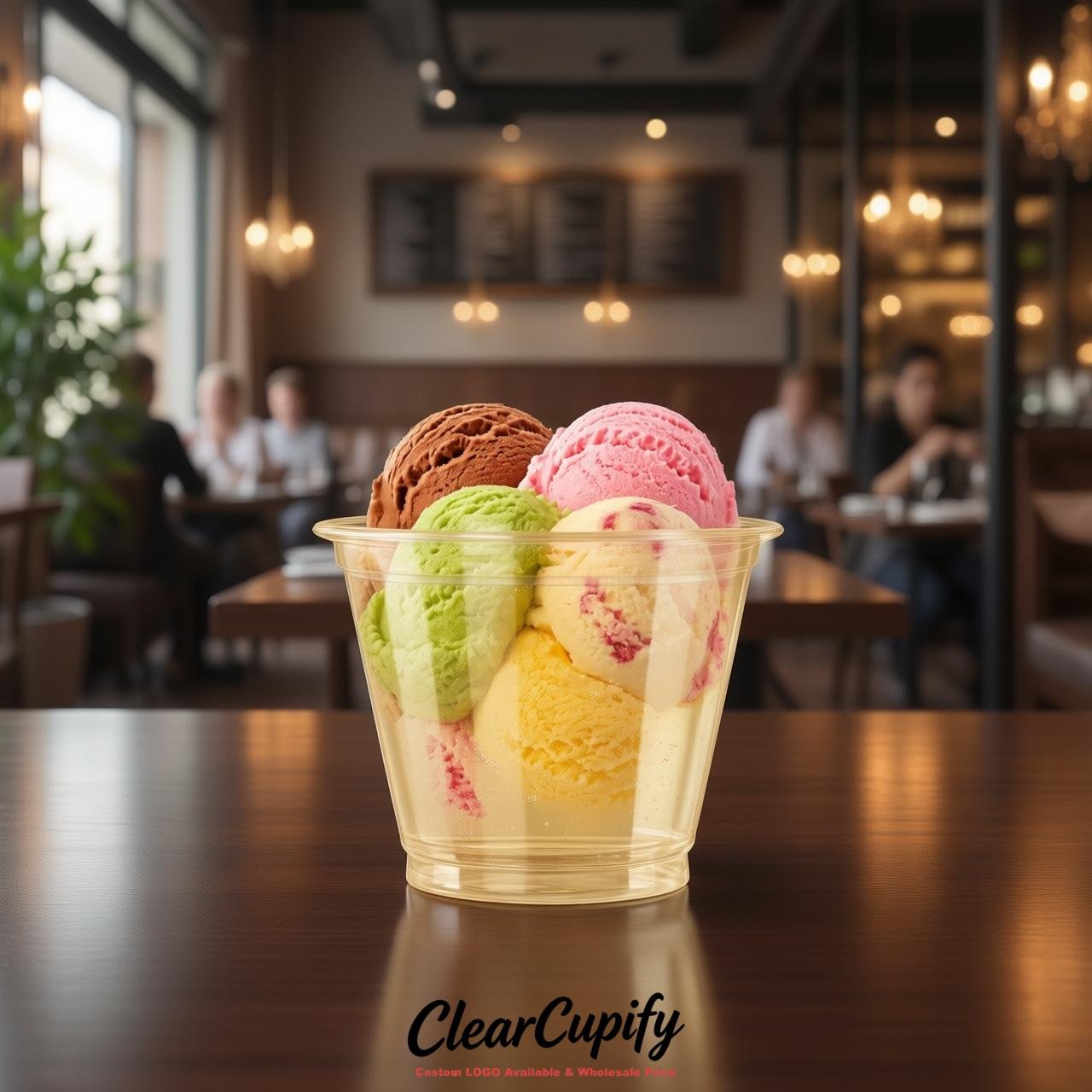 Champagne Clear Plastic Ice Cream Cups Wholesale with Custom Logo