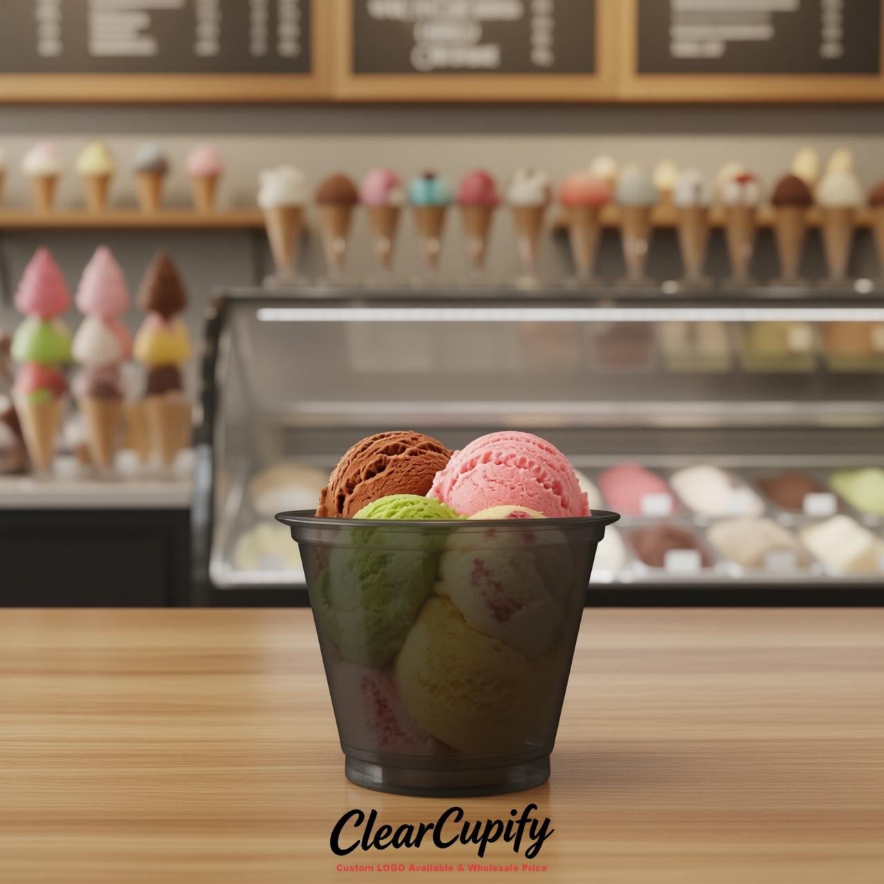 Charcoal Clear Plastic Ice Cream Cups Wholesale with Custom Logo