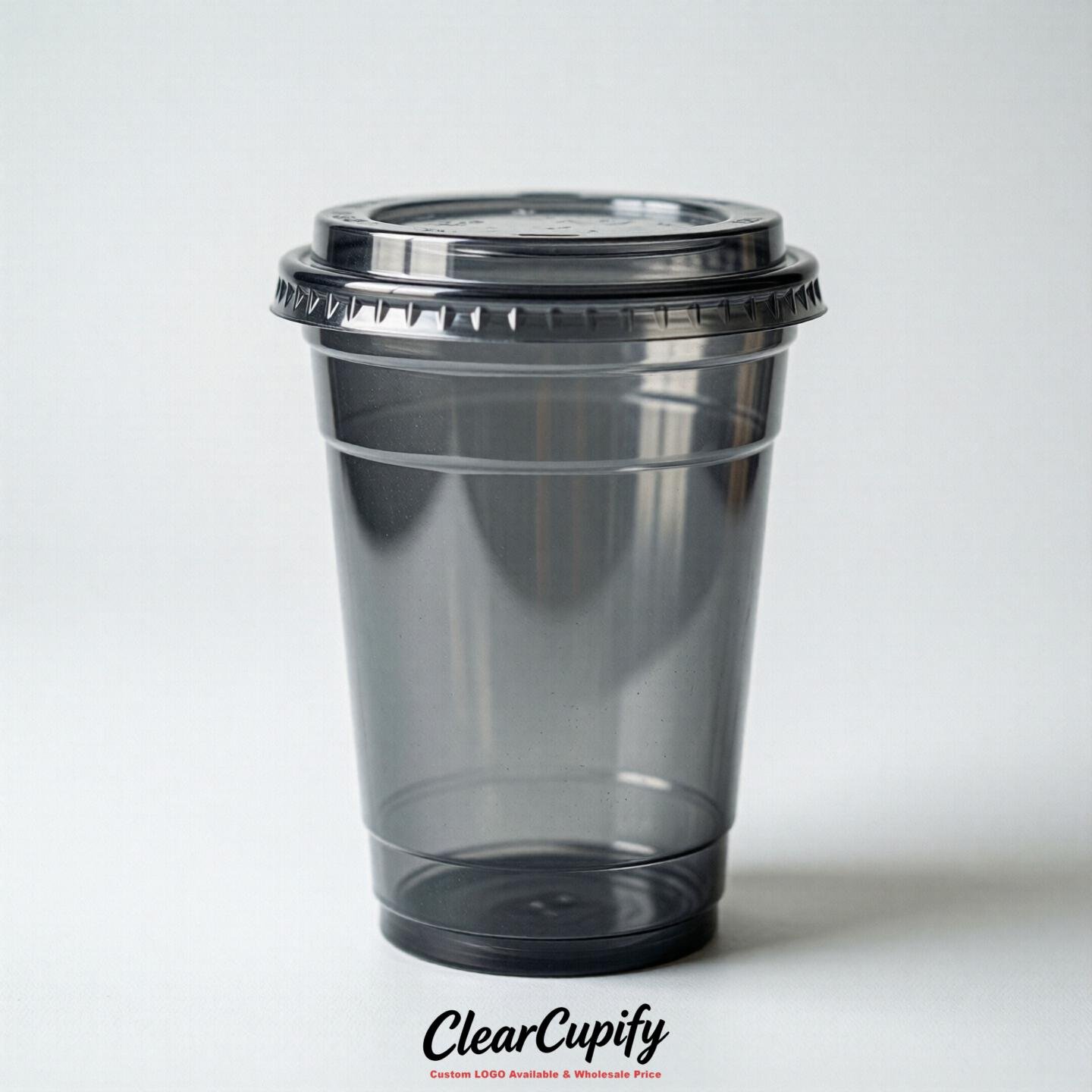 Blank Translucent Charcoal Clear Plastic Cups with Lids - Choice of PET/PP/PLA Blank Translucent Charcoal Clear Plastic Cups with Lids - Choice of PET/PP/PLA