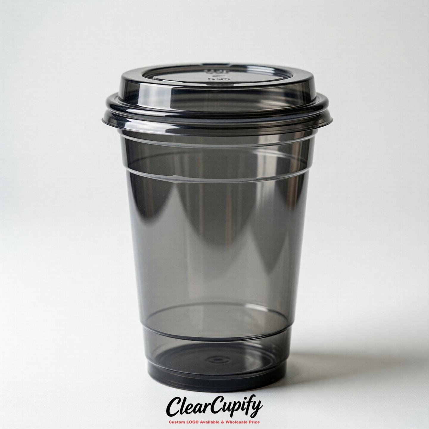 Blank Translucent Charcoal Clear Plastic Cups with Lids - Choice of PET/PP/PLA