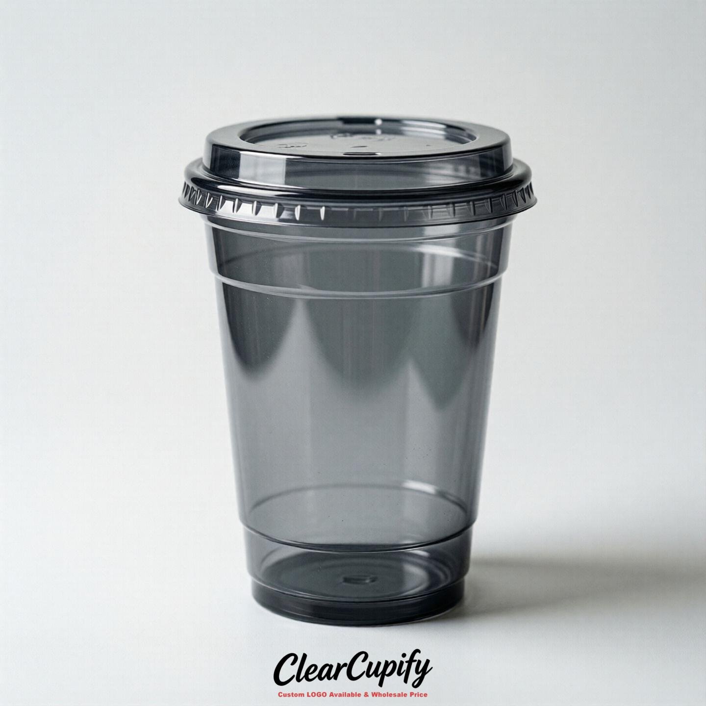Blank Translucent Charcoal Clear Plastic Cups with Lids - Choice of PET/PP/PLA