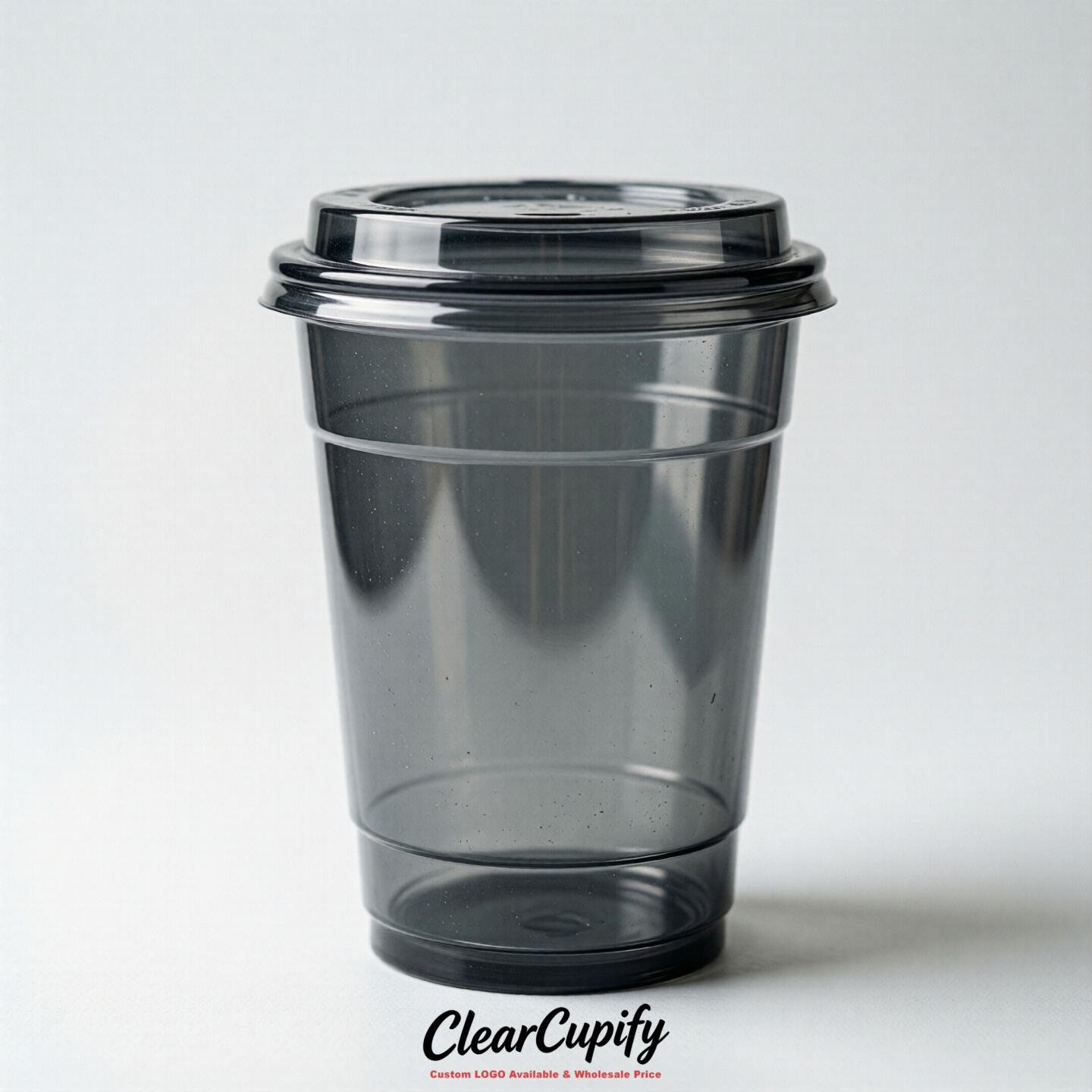 Blank Translucent Charcoal Clear Plastic Cups with Lids - Choice of PET/PP/PLA