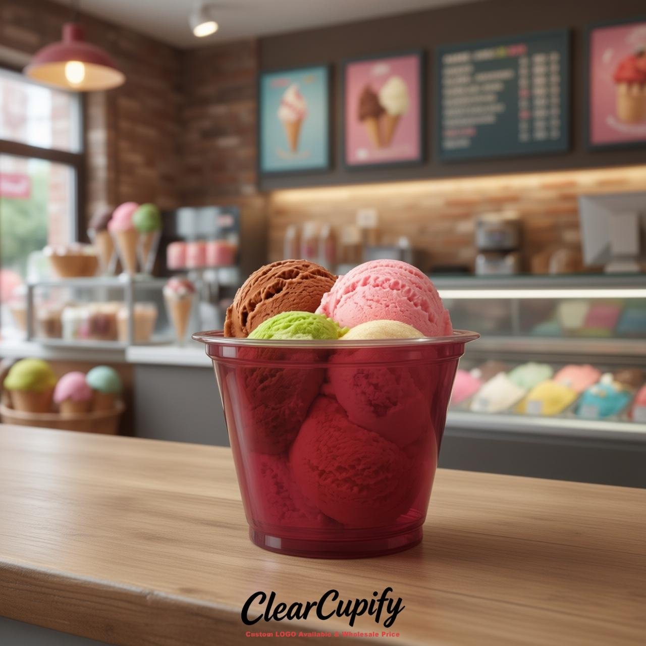 Crimson Clear Plastic Ice Cream Cups Wholesale with Custom Logo