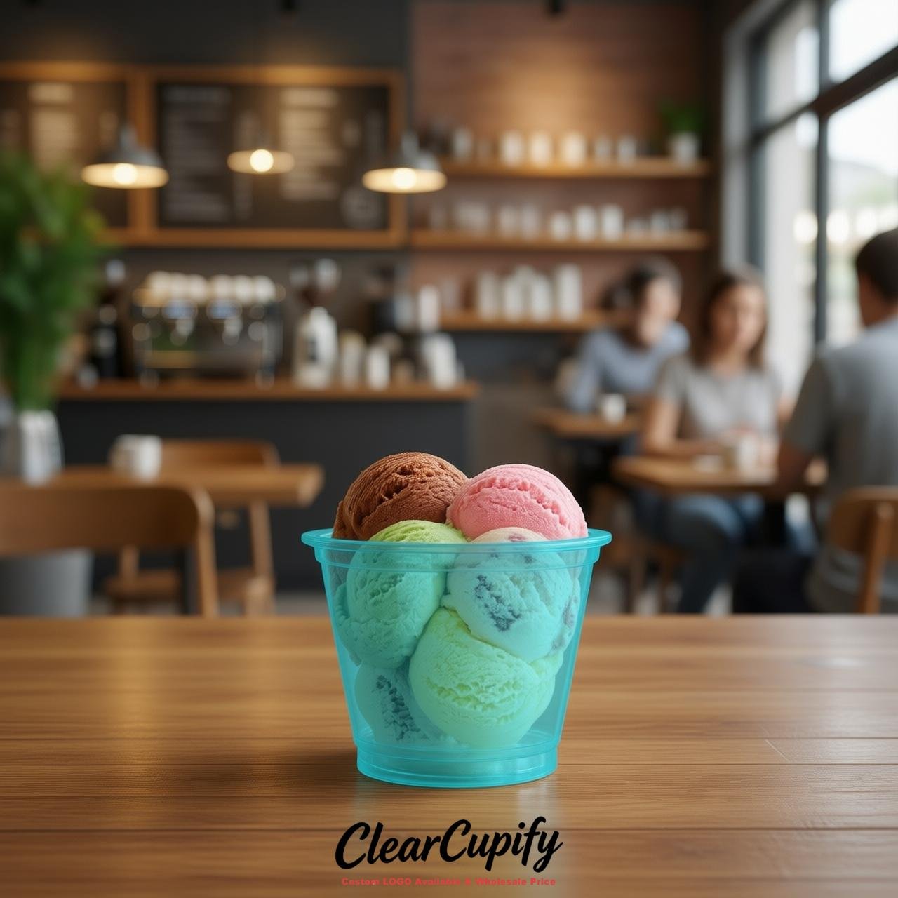 Cyan Clear Plastic Ice Cream Cups Wholesale with Custom Logo