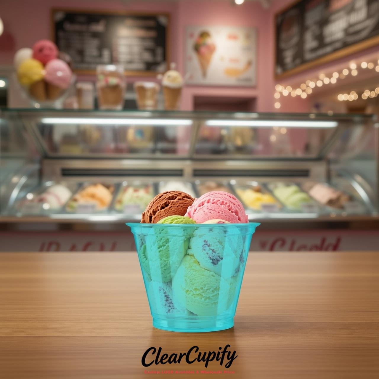 Cyan Clear Plastic Ice Cream Cups Wholesale with Custom Logo