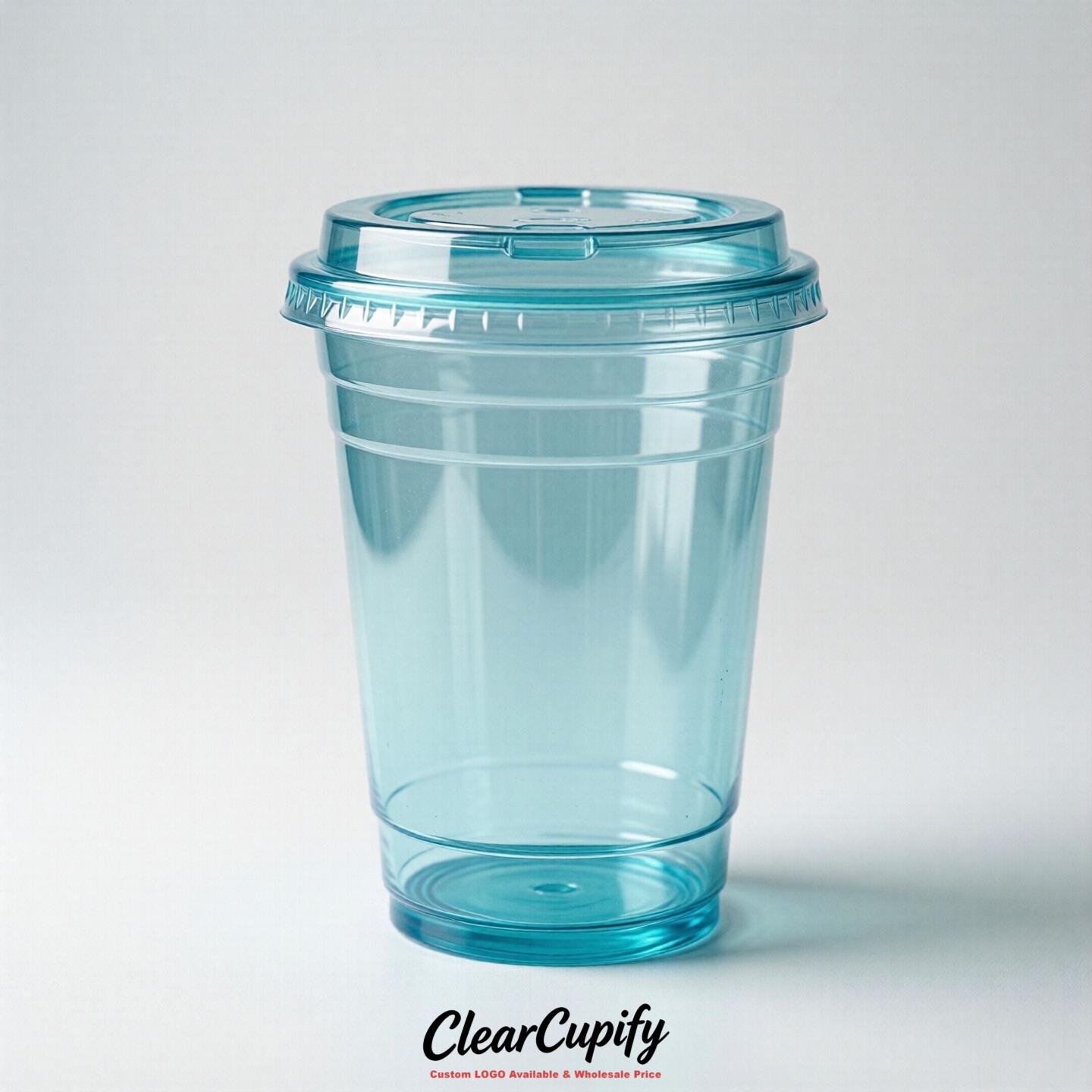 Blank Translucent Cyan Clear Plastic Cups with Lids - Choice of PET/PP/PLA