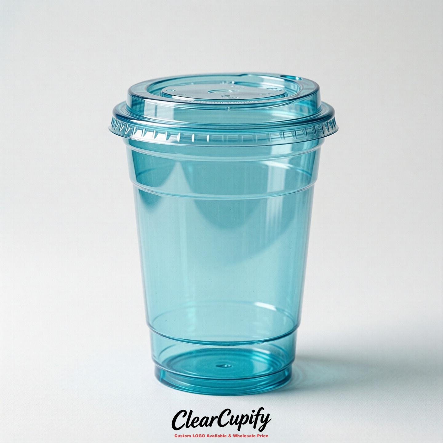 Blank Translucent Cyan Clear Plastic Cups with Lids - Choice of PET/PP/PLA