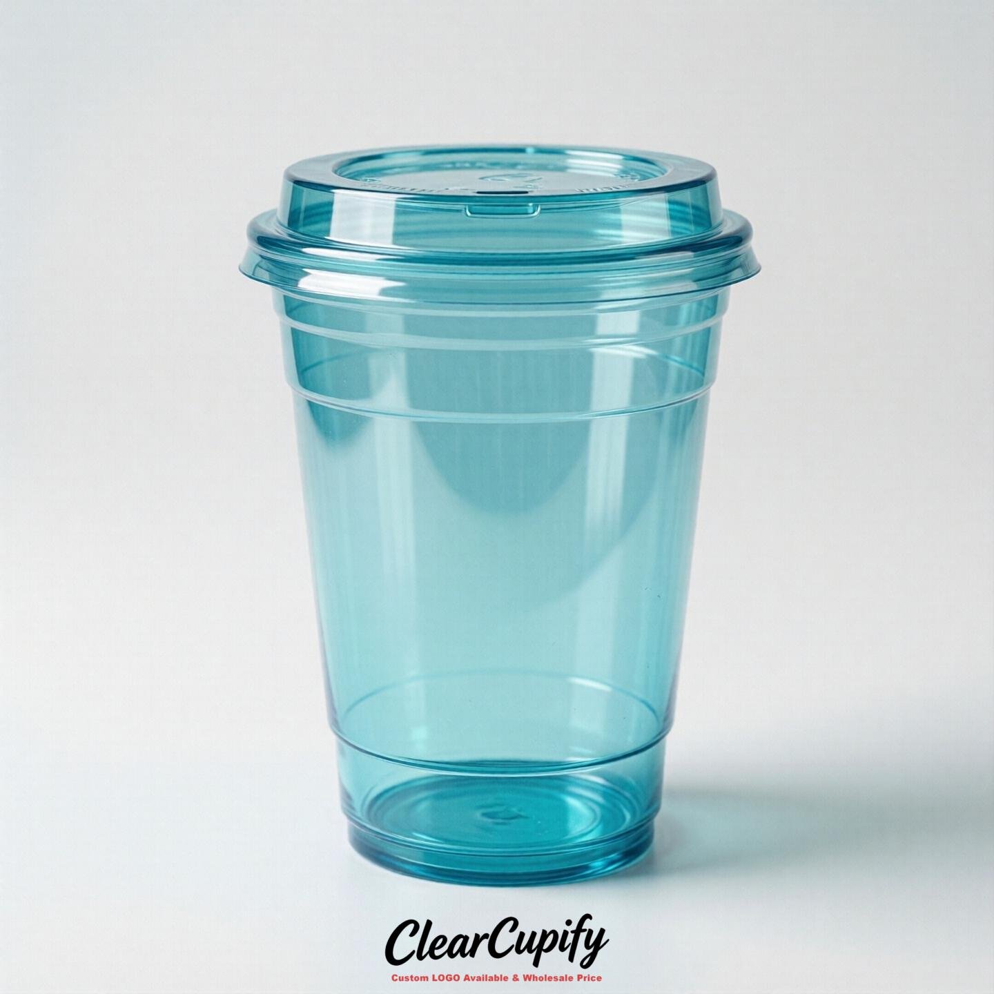 Blank Translucent Cyan Clear Plastic Cups with Lids - Choice of PET/PP/PLA