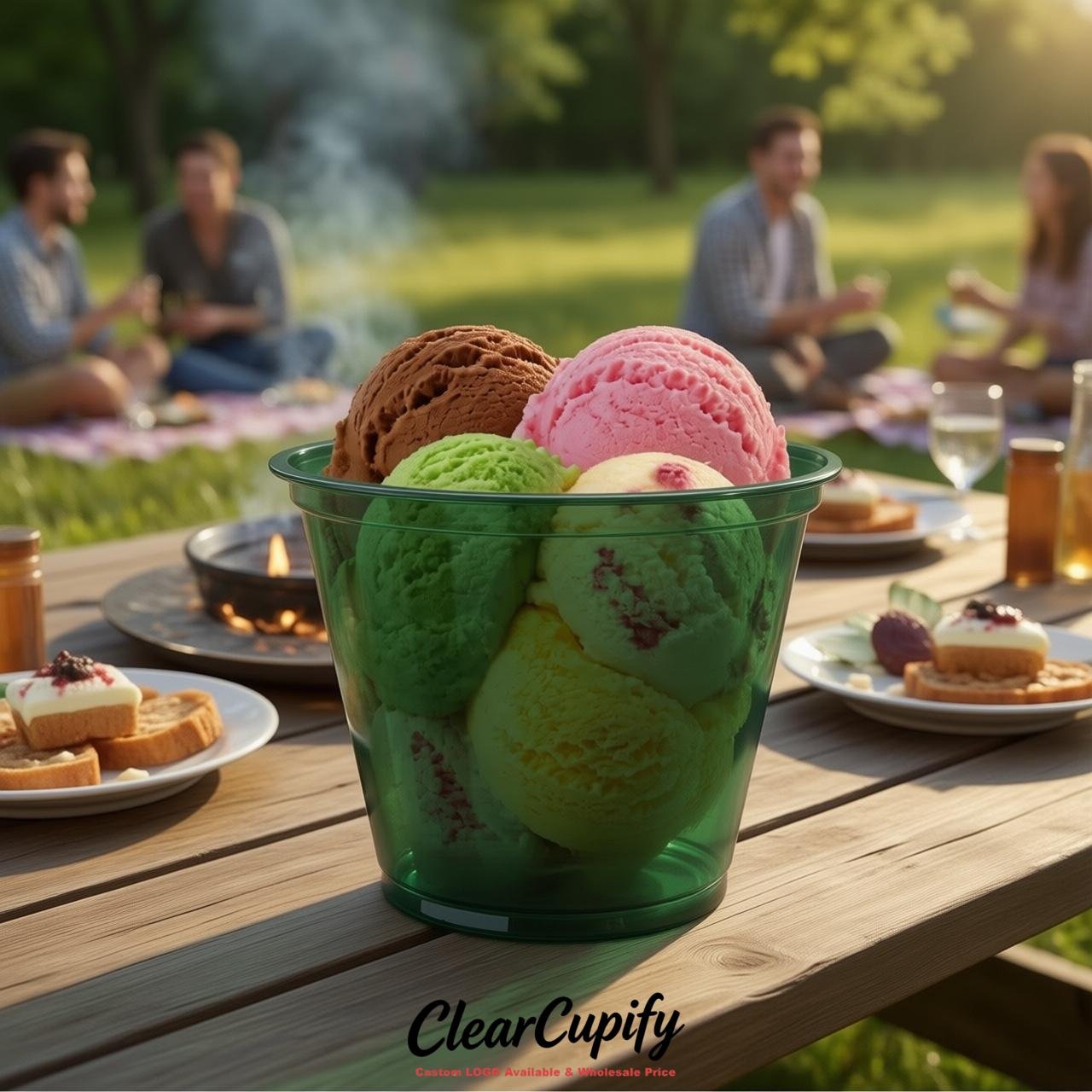 Dark Green Clear Plastic Ice Cream Cups Wholesale with Custom Logo
