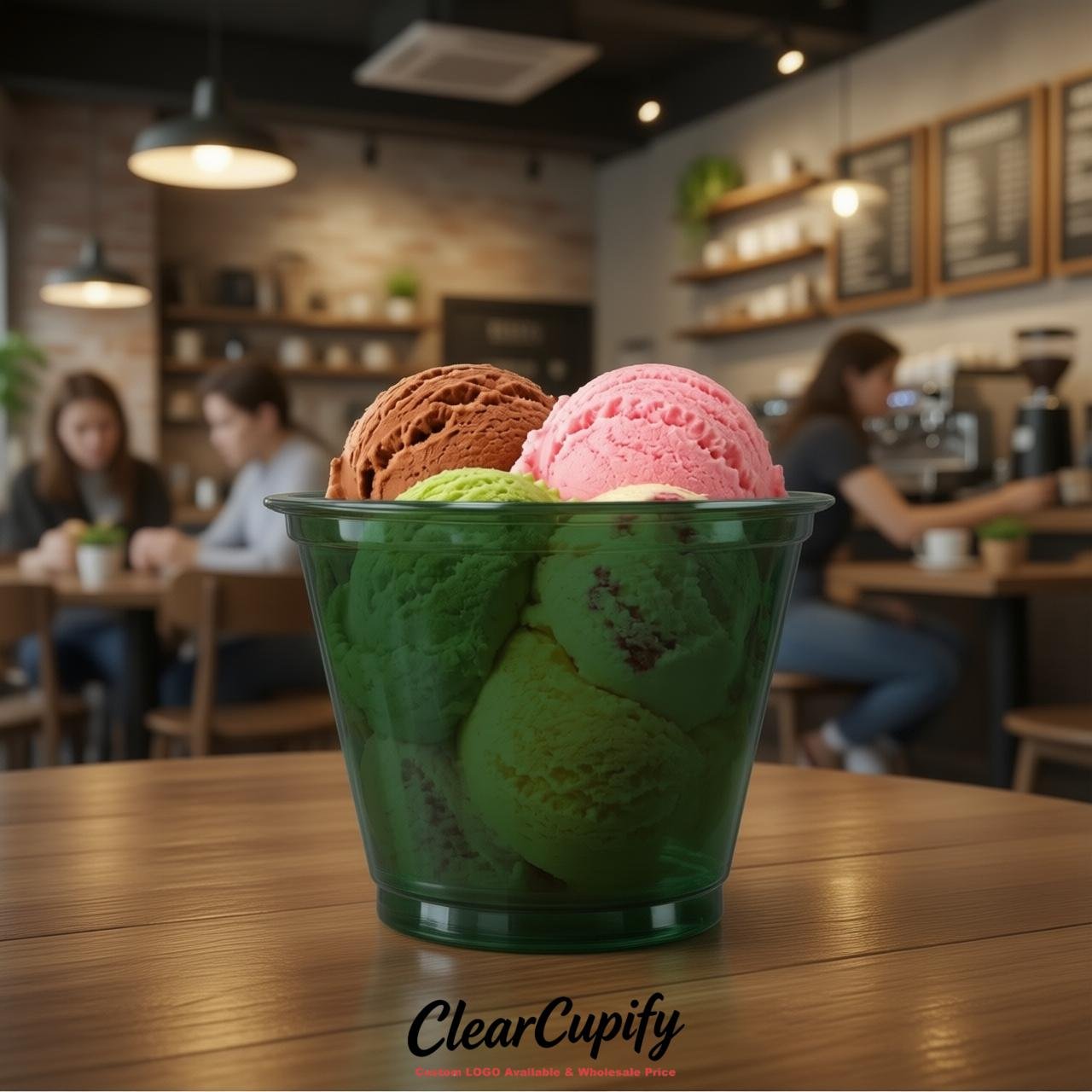 Dark Green Clear Plastic Ice Cream Cups Wholesale with Custom Logo