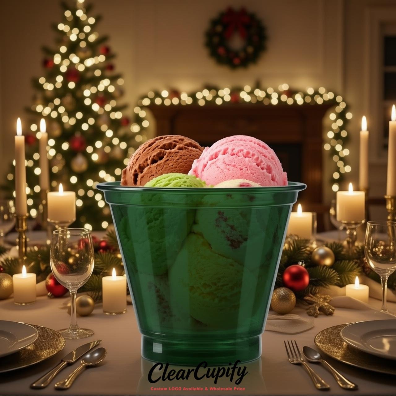 Dark Green Clear Plastic Ice Cream Cups Wholesale with Custom Logo