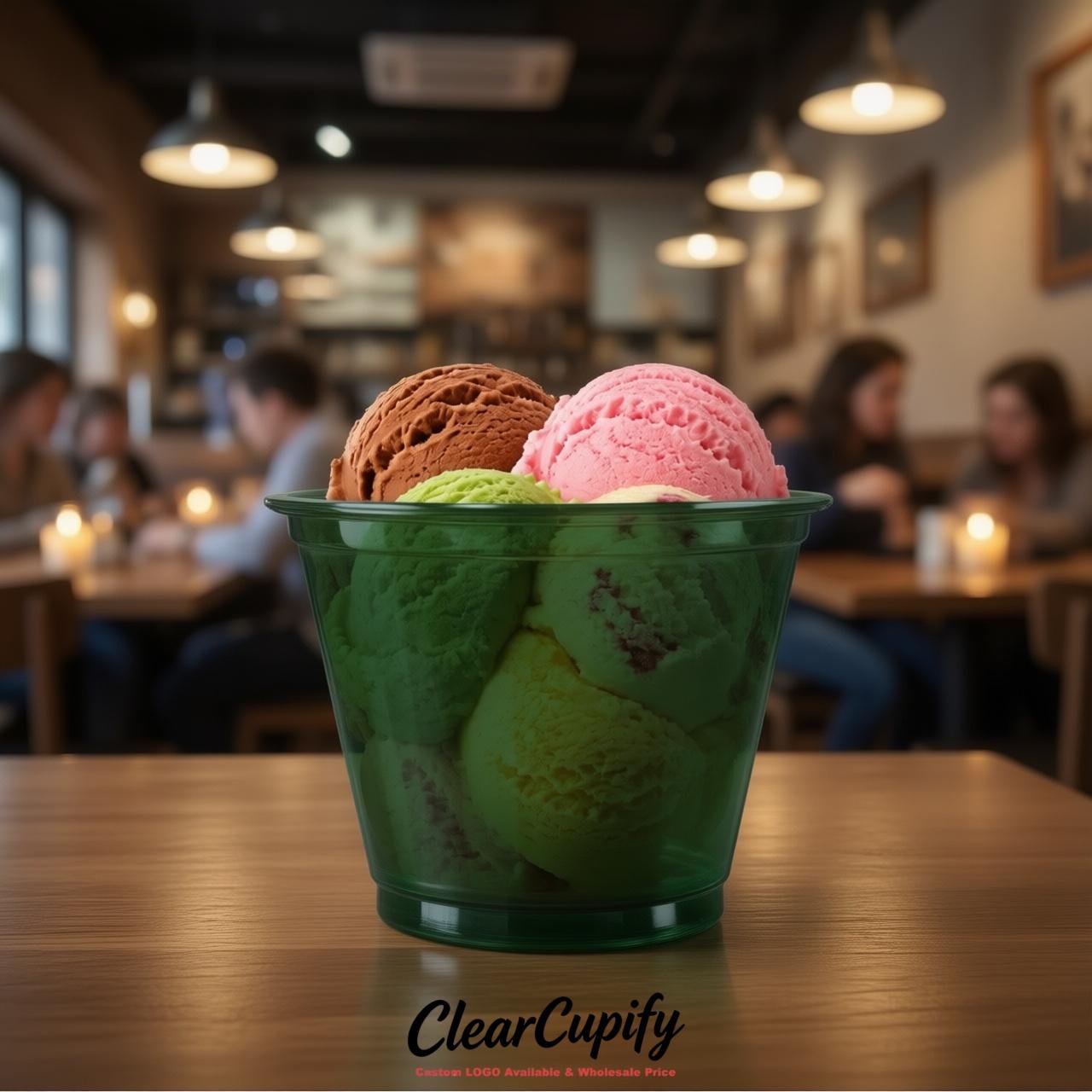 Dark Green Clear Plastic Ice Cream Cups Wholesale with Custom Logo