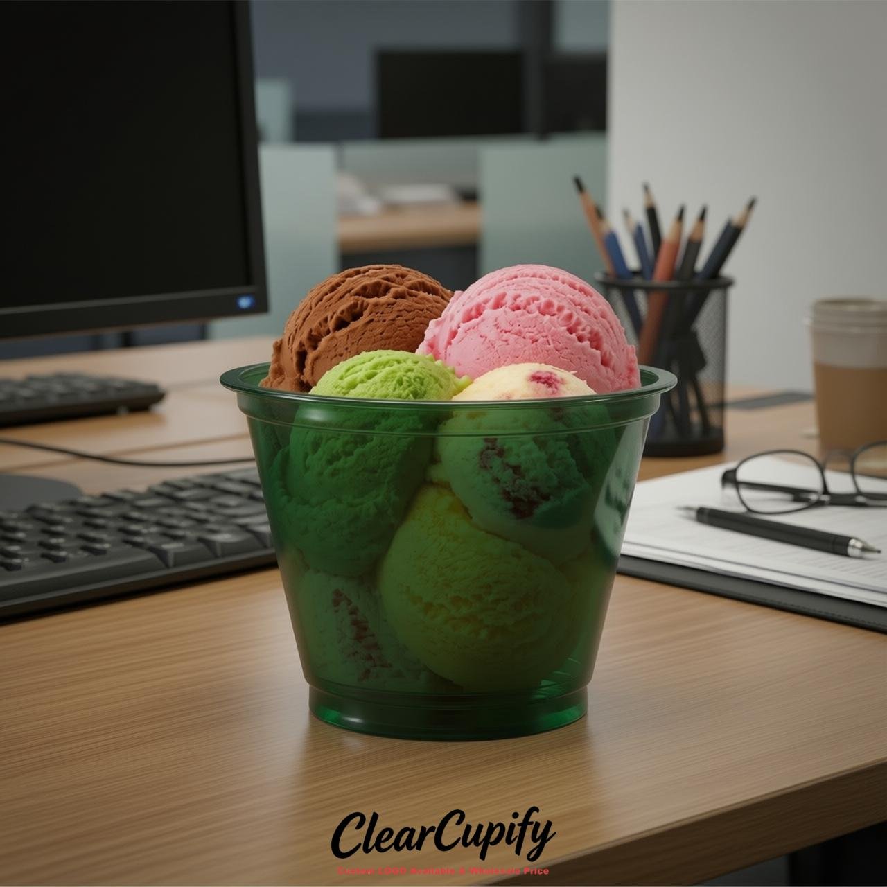Dark Green Clear Plastic Ice Cream Cups Wholesale with Custom Logo
