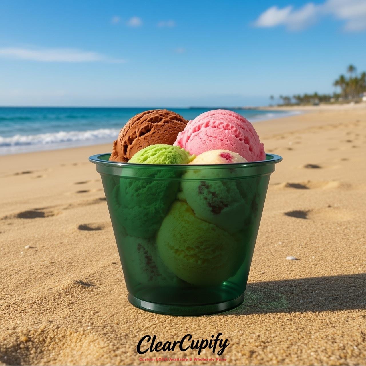 Dark Green Clear Plastic Ice Cream Cups Wholesale with Custom Logo