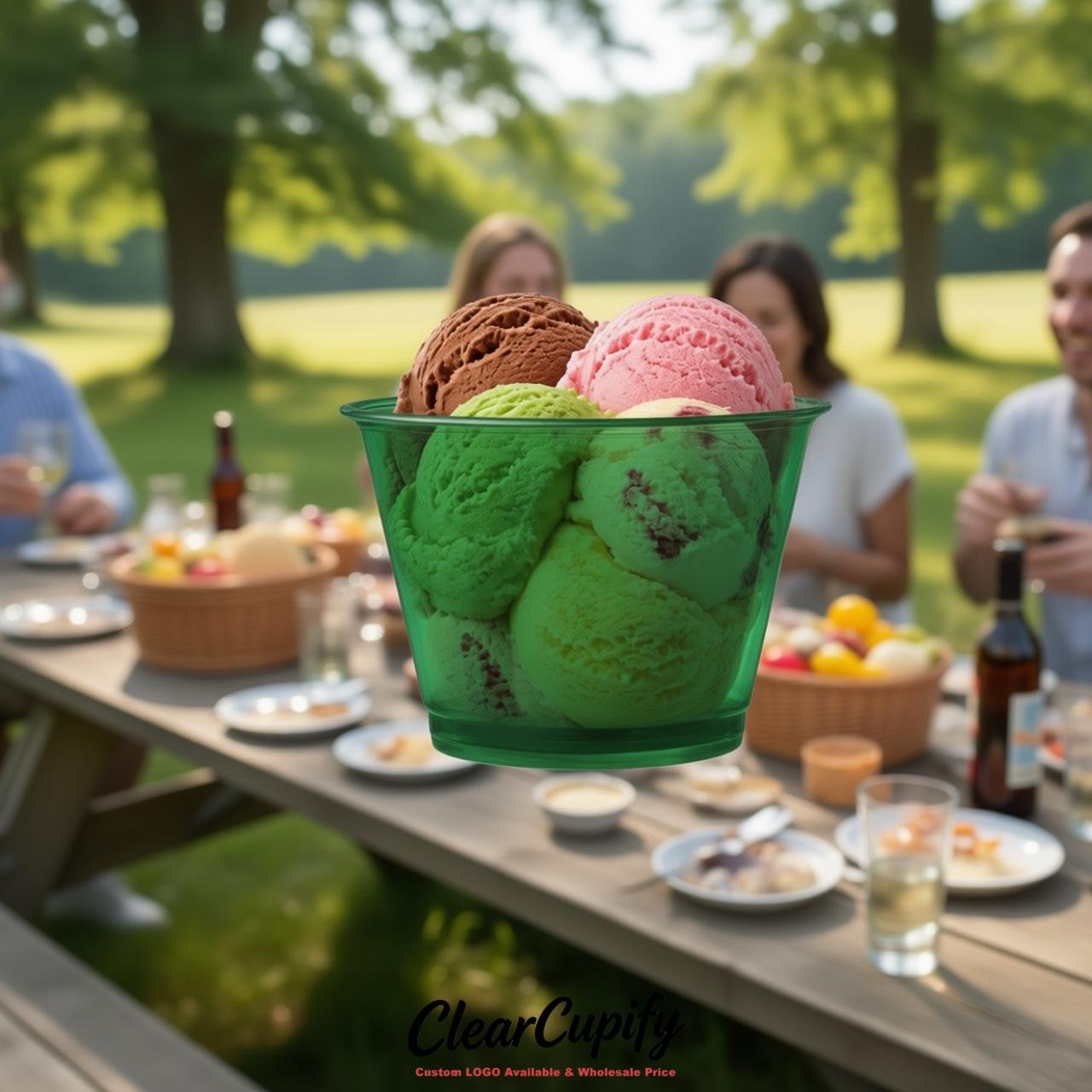 Emerald Green Clear Plastic Ice Cream Cups Wholesale with Custom Logo