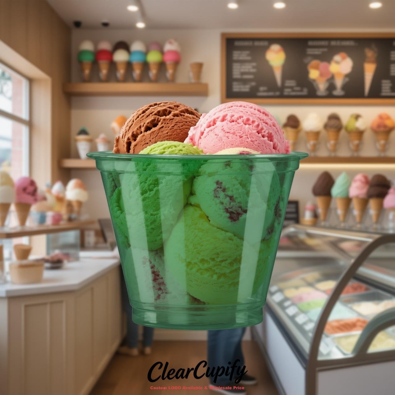 Emerald Green Clear Plastic Ice Cream Cups Wholesale with Custom Logo
