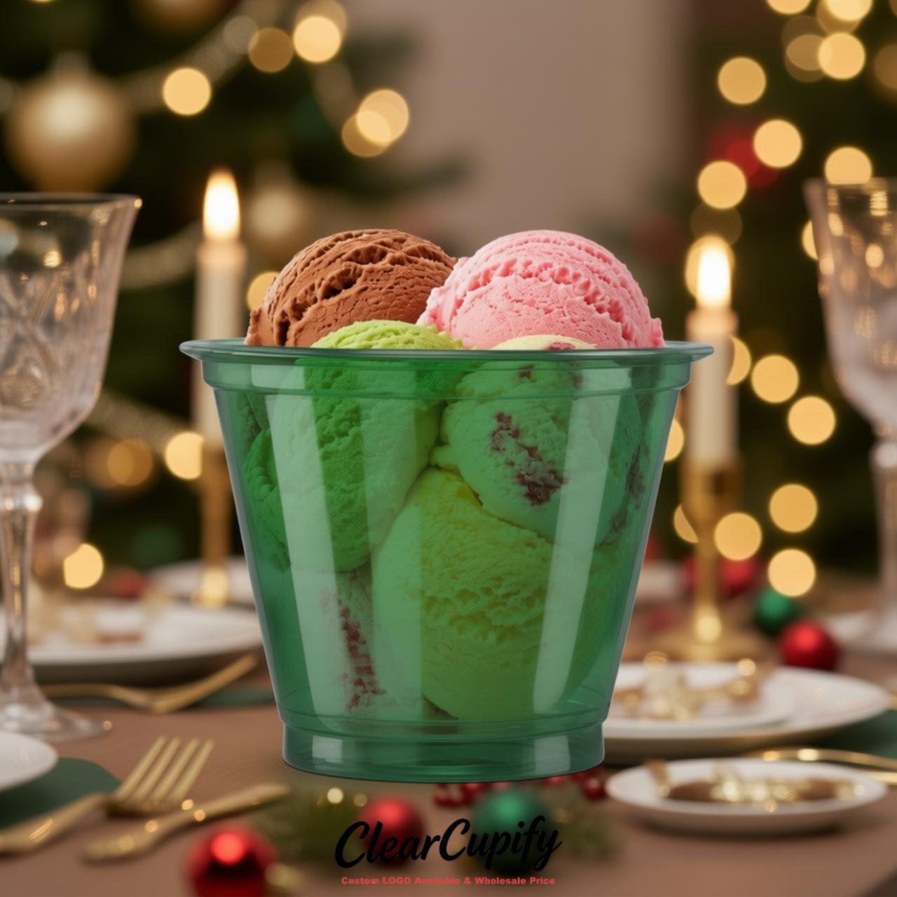 Emerald Green Clear Plastic Ice Cream Cups Wholesale with Custom Logo