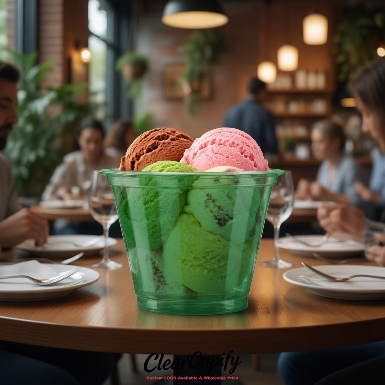 Forest Green Clear Plastic Ice Cream Cups Wholesale with Custom Logo