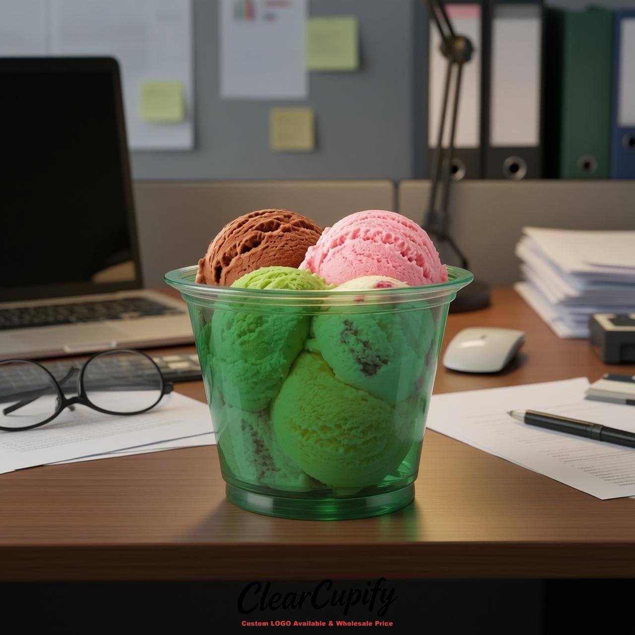 Forest Green Clear Plastic Ice Cream Cups Wholesale with Custom Logo