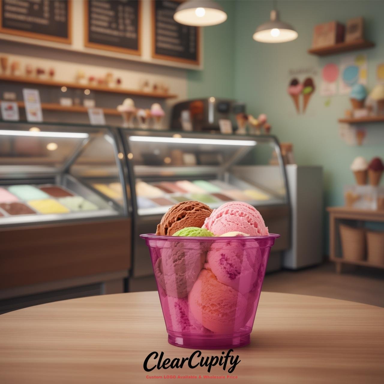 Fuchsia Clear Plastic Ice Cream Cups Wholesale with Custom Logo