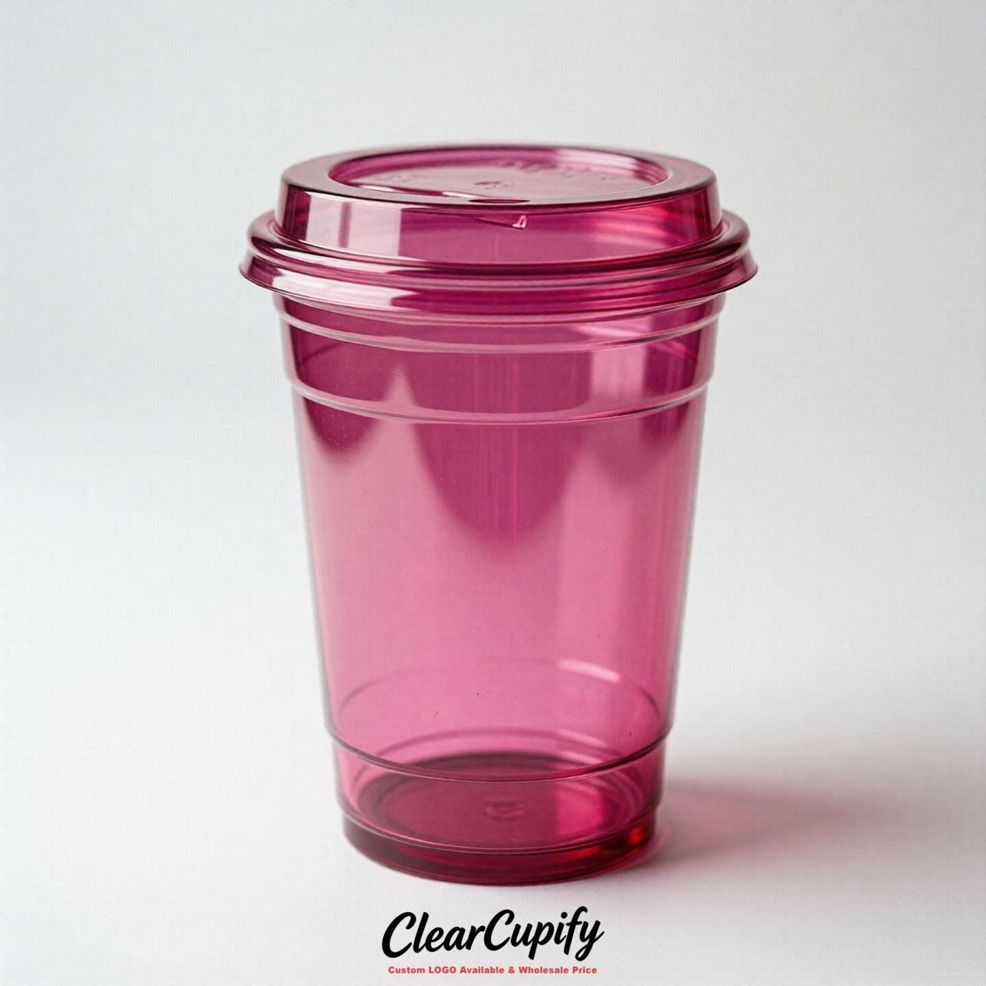Blank Translucent Fuchsia Clear Plastic Cups with Lids - Choice of PET/PP/PLA