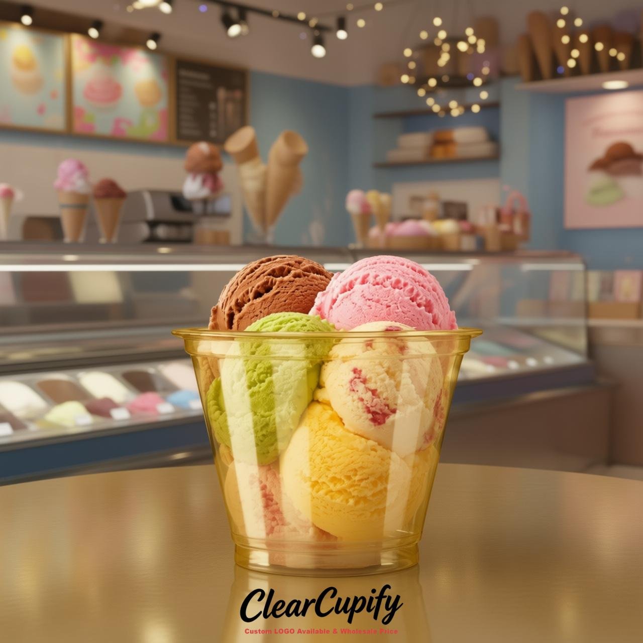 Gold Clear Plastic Ice Cream Cups Wholesale with Custom Logo