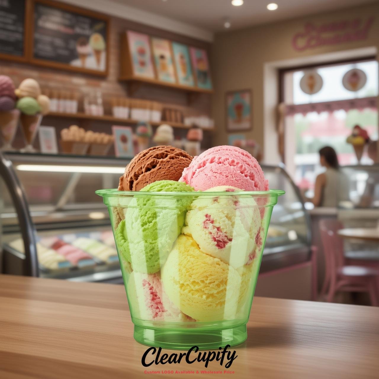 Green Clear Plastic Ice Cream Cups Wholesale with Custom Logo