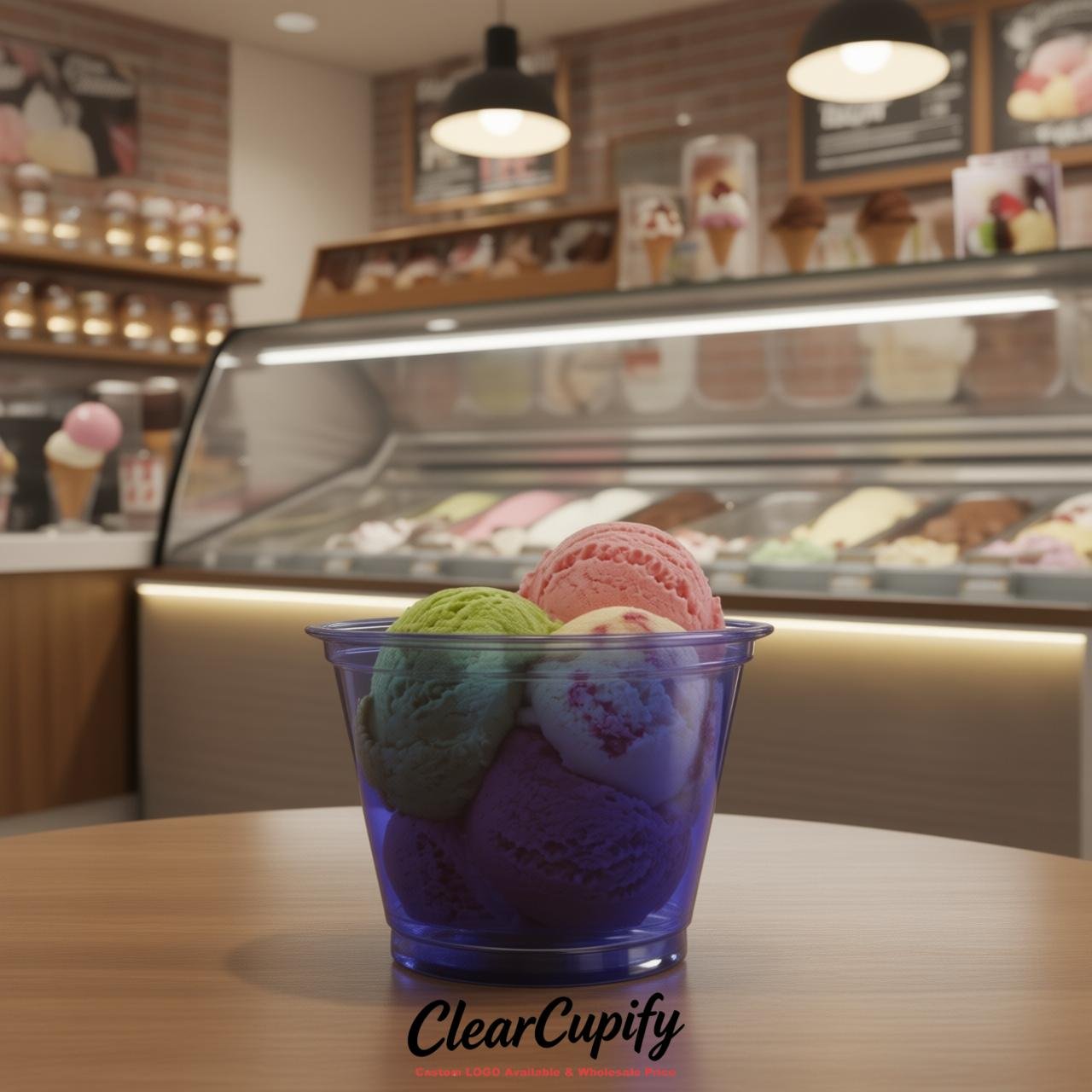 Indigo Clear Plastic Ice Cream Cups Wholesale with Custom Logo