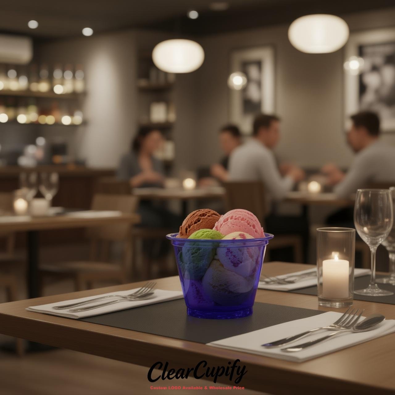 Indigo Clear Plastic Ice Cream Cups Wholesale with Custom Logo